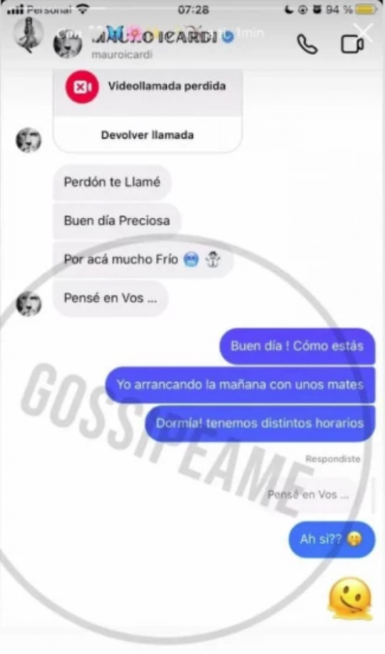 “Buen días, preciosa”, comenta Icardi. “Por acá mucho frío. Pensé en vos”. La mujer le responde con que tienen diferentes horarios y le consulta si de verdad estaba en sus pensamientos.