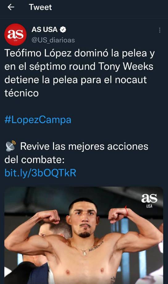El Diario AS destacó la victoria de Teófimo López ante el mexicano Pedro Campa.