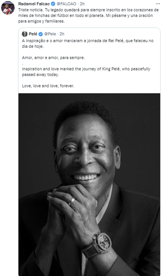 Radamel Falcao (Delantero colombiano): “Tu legado quedará para siempre inscrito en los corazones de miles de hinchas del fútbol en todo el planeta. Mi pésame y una oración para amigos y familiares”.