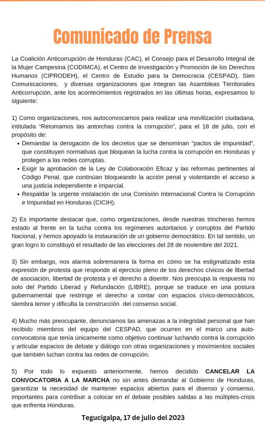 Cancelan marcha de las antorchas contra la corrupción