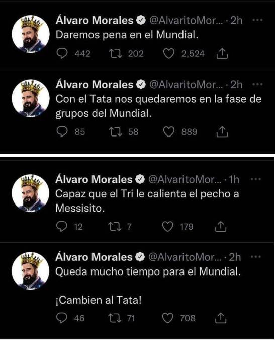 Otro periodista de ESPN, Álvaro Morales, fue más crítico: “Daremos pena en el Mundial. Con el Tata nos quedaremos en la fase de grupos”. “Capaz que el Tri le calienta el pecho a Messisito. Queda mucho para el Mundial, ¡cambien al Tata!”.