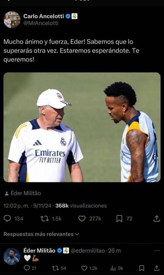 “Mucho ánimo y fuerza, Eder! Sabemos que lo superarás otra vez. Estaremos esperándote. Te queremos!”, comentó Ancelotti en una publicación en sus redes sociales.