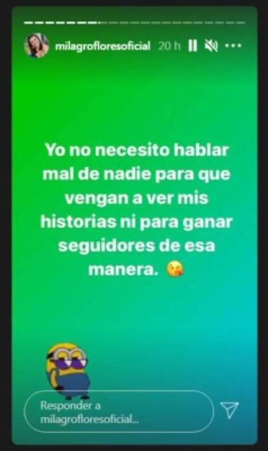Tras la polémica, Milagro Flores dijo que no tenía nada en contra de Alejandra Rubio y que la respetaba a ella y a su trabajo. ‘Yo no necesito hablar mal de nadie para que vengan a ver mis historias, ni para ganar seguidores de esa manera’, escribió Milagro Flores en una de sus historias de Instagram.