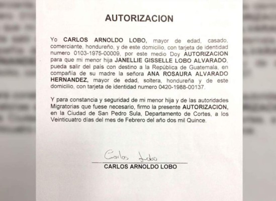 Esta es la autorización falsa con la cual se pretendía sacar a la menor de Honduras.