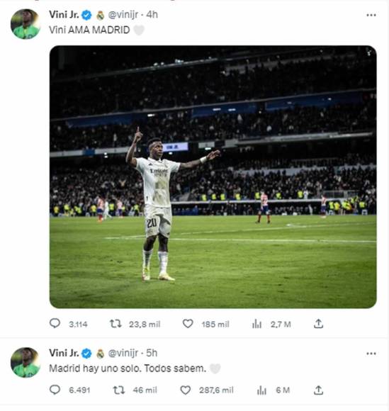 Vinicius utilizó sus redes sociales para responde a los actos racistas que sufrió previos al derbi. El delantero brasileño se ha pronunciado en redes sociales dejando claro que “Vini AMA MADRID”. “Madrid hay uno solo. Todos lo saben”, escribió tras el duelo en el que marcó un gol.