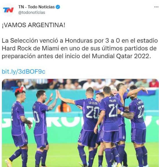 TN Todo Noticias: “Vamos Argentina. La Selección venció a Honduras por 3-0 en el estadio Hard Rock de Miami en uno de sus últimos partidos de preparación antes del inicio del Mundial.”