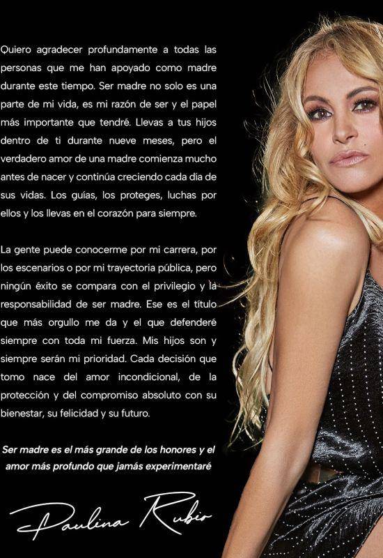 Por medio de este comunicado, Paulina Rubio agradeció el apoyo que ha recibido y afirmó que la maternidad representa “la razón de ser y el papel más importante” de su vida.