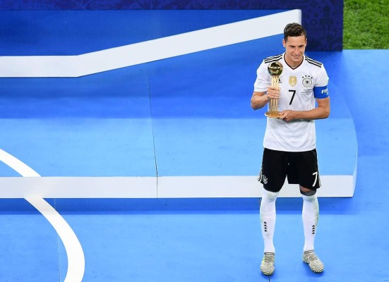 Germany's midfielder Julian Draxler holds the Golden Ball trophy after Germany beat Chile 1-0 in the 2017 Confederations Cup final football match between Chile and Germany at the Saint Petersburg Stadium in Saint Petersburg on July 2, 2017. / AFP PHOTO / YURI CORTEZ