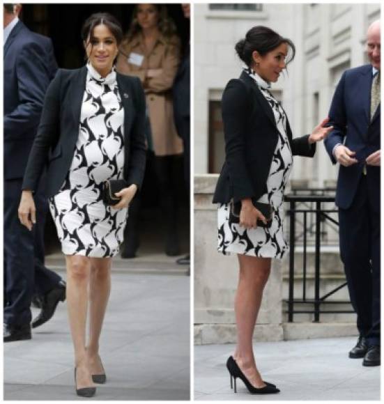 Meghan completó su look con un clutch de Stella McCartney y unos tacones de Manolo Blahnik.