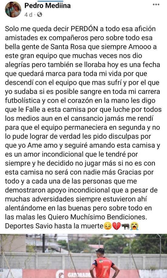 Uno de los jugadores del Deportes Savio dejó un largo mensaje donde evidenció su tristeza por lo ocurrido.