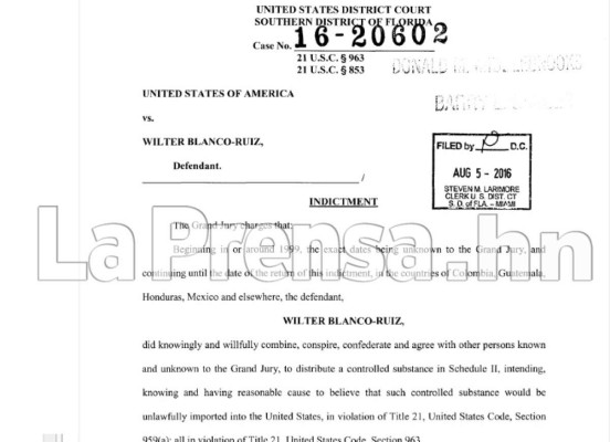 Corte de EUA acusa a Wilter Blanco de tráfico de drogas