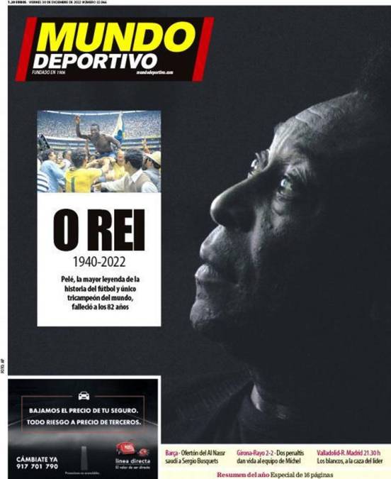 Portada del diario Mundo Deportivo (España) - “O Rei. Pelé, la mayor leyenda de la historia del fútbol y único tricampeón del mundo, falleció a los 82 años”.