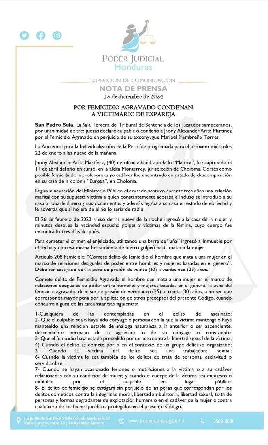 El 26 de febrero de 2023, a eso de las nueve de la noche, ingresó a la casa de la mujer y minutos después la vecindad escuchó golpes y gritos de la fémina, cuyo cuerpo fue encontrado tres días después.