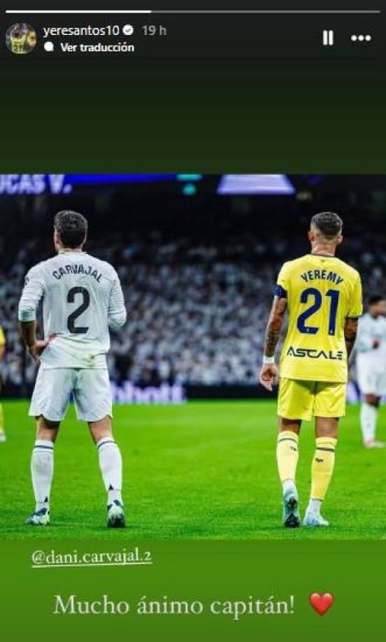 Yeremy Pino, el delantero de Villarreal involucrado en la desafortunada acción con Carvajal: “Mucho ánimo, capitán”.