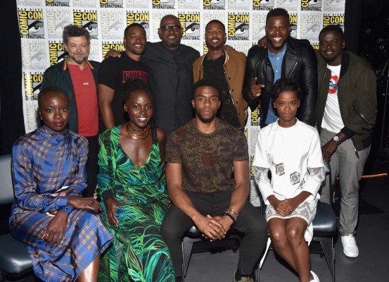 SAN DIEGO, CA - JULY 22: (Back row L - R) Actor Andy Serkis, director Ryan Coogler, actors Forest Whitaker, Michael B. Jordan, Winston Duke, Daniel Kaluuya, (front row L - R) Danai Gurira, Lupita Nyong'o, Chadwick Boseman and Letitia Wright from Marvel Studios? ?Black Panther' at the San Diego Comic-Con International 2017 Marvel Studios Panel in Hall H on July 22, 2017 in San Diego, California. Alberto E. Rodriguez/Getty Images for Disney/AFP