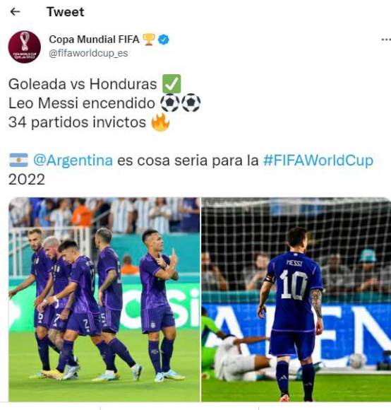 La página oficial de la FIFA también informó sobre la goleada de Argentina ante Honduras.