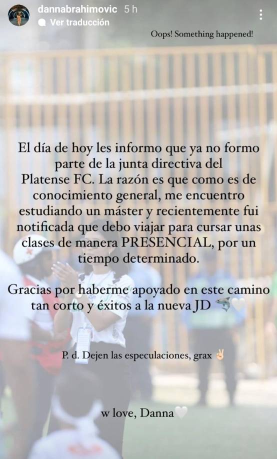 Publicación de Danna Valle tras confirmarse su salida como presidenta del Platense.