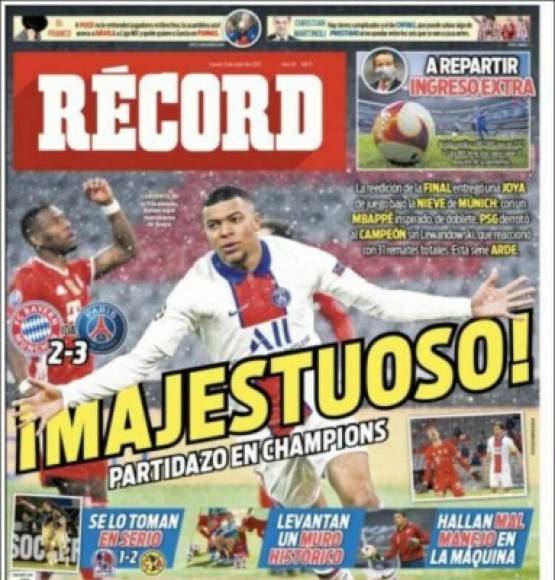 Diario Récord de México - “Se lo toman en serio“, destacaron sobre el triunfo americanista. La portada se la llevó Mbappé por su actuación ante el Bayern Múnich en la Champions.