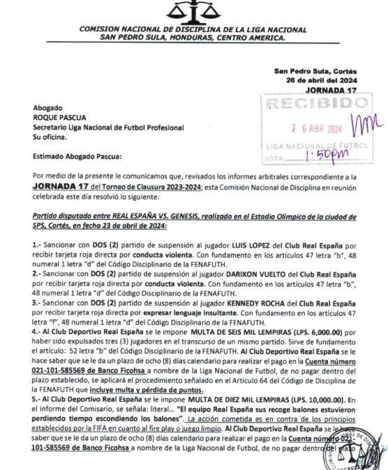 Los castigos a los futbolistas y Reynaldo Tilguath tras el zafarrancho suscitado en el duelo entre Real España vs Génesis.