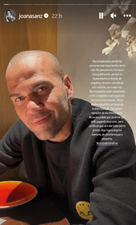 Publicación de Joana Sanz en su cuenta de Instagram felicitando a Dani Alves por su cumpleaños.