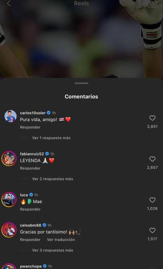 En los comentarios de cariño a Keylor Navas también sobresalen futbolistas del PSG como Carlos Soler y Fabián Ruiz, y excompañeros de la selección de Costa Rica como Celso Borges.