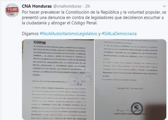 CNA presenta recurso contra nuevo Código Penal en Honduras