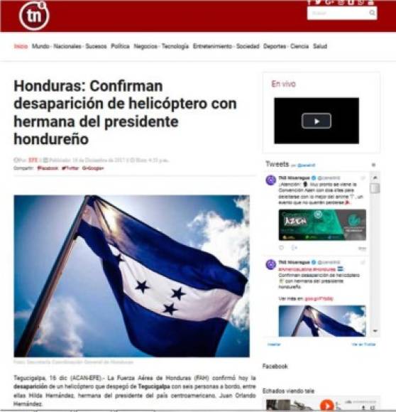 TN8TV de Nicaragua: 'Honduras: Confirman desaparición de helicóptero con hermana del presidente hondureño'.