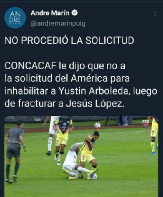 El periodista André Marín publicó en sus redes sociales que no procedió la solicitud del América de inhabilitar a Arboleda.