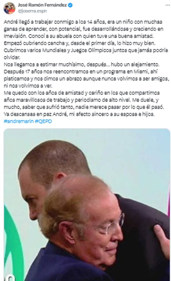“Nos llegamos a estimar muchísimo, después... hubo un alejamiento. Después 17 años nos reencontramos en un programa en Miami, ahí platicamos y nos dimos un abrazo aunque nunca volvimos a ser amigos, ni nos volvimos a ver”, José Ramón.