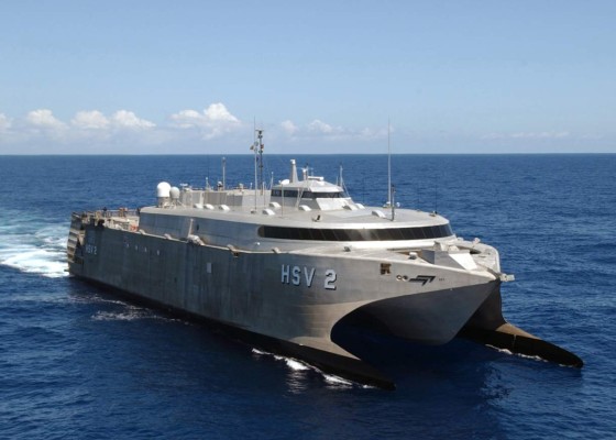 040710-N-6551H-136The Navy High Speed Vessel 2 Swift operates off the coast of Hawaii during Rim of the Pacific Exercise 2004 on July 10, 2004. Swift, a wave-piercing catamaran with an aluminum hull, can move at speeds greater than 45 knots. Rim of the Pacific is an international exercise that enhances the joint cooperation and proficiency of maritime and air forces of Australia, Canada, Chile, Peru, Japan, Republic of Korea, the United Kingdom and the United States. DoD photo by Petty Officer 1st Class Michelle R. Hammond, U.S. Navy. (Released)