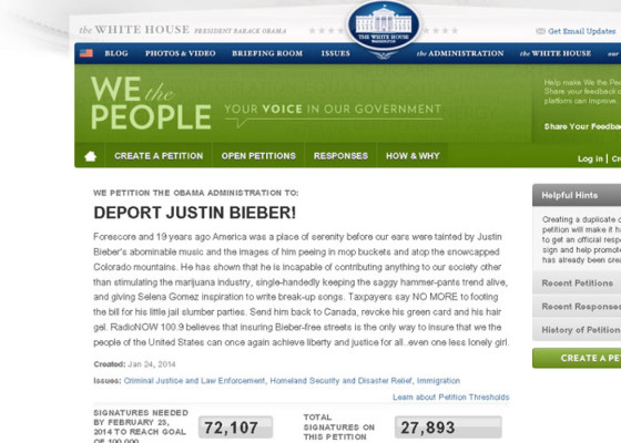 Casa Blanca estudiará petición de deportar a Justin