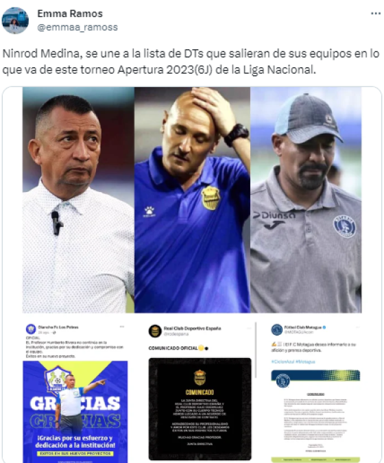 Emma Ramos de Diario DIEZ: “Ninrod Medina, se une a la lista de DTs que salieran de sus equipos en lo que va de este torneo Apertura 2023(6J) de la Liga Nacional”.