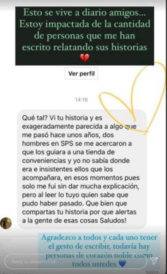 La hondureña recibió numerosos mensajes de apoyo en redes sociales. Muchos también revelaron haber sufrido intentos de secuestro similares en la ciudad.