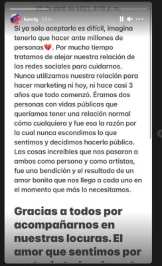 Karol G ha reaccionado a sus declaraciones para ofrecer su versión de los hechos por medio de un comunicado en sus Stories en el que ha comenzado por explicar que, si no había hablado antes de un tema tan personal, es porque le resulta difícil lidiar con una decepción amorosa 'ante millones de personas'.<br/>