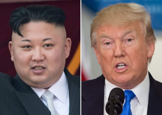 (FILES)(COMBO) This combo of file photos shows an image (L) taken on April 15, 2017 of North Korean leader Kim Jong-Un on a balcony of the Grand People's Study House following a military parade in Pyongyang; and an image (R) taken on July 19, 2017 of US President Donald Trump speaking during the first meeting of the Presidential Advisory Commission on Election Integrity in Washington, DC.An escalating war of words between Donald Trump and Kim Jong-Un ratcheted up a notch on September 22, 2017 as the US president dubbed North Korea's leader a 'madman,' a day after the reclusive regime hinted it may explode a hydrogen bomb over the Pacific Ocean. Hours earlier, in a rare personal attack, Kim took aim at Trump, branding him 'mentally deranged' and warning he would 'pay dearly' for his threat to destroy North Korea if challenged, uttered before the United Nations General Assembly. / AFP PHOTO / SAUL LOEB AND Ed JONES