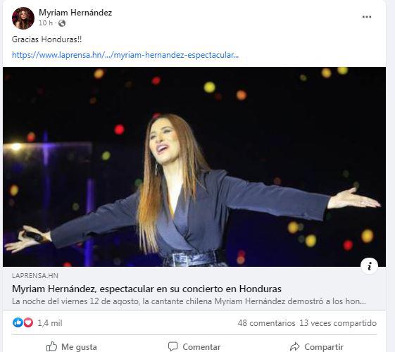 “Gracias Honduras”, escribió Myriam Hernández en sus redes sociales.