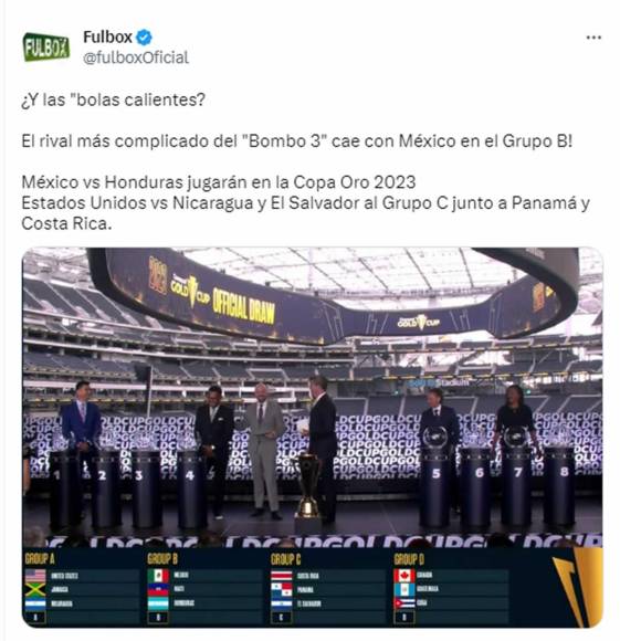 La página Fulbox.com: “¿Y las “bolas calientes? El rival más complicado del “Bombo 3” cae con México en el Grupo B! México vs Honduras jugarán en la Copa Oro 2023.
