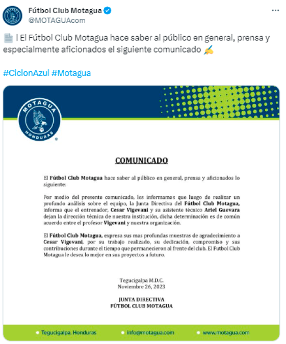 El comunicado de Motagua sobre la rescisión de contrato de César Vigevani del club.