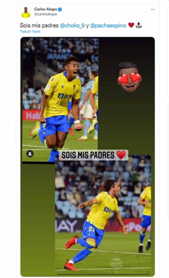 El futbolista del Cádiz, Carlos Akapo, que no jugó ante el Celta, alabó a sus compañeros ‘Choco’ Lozano y ‘Pacha’ Espino por los goles. ‘Sois mis padres’, les dedicó.
