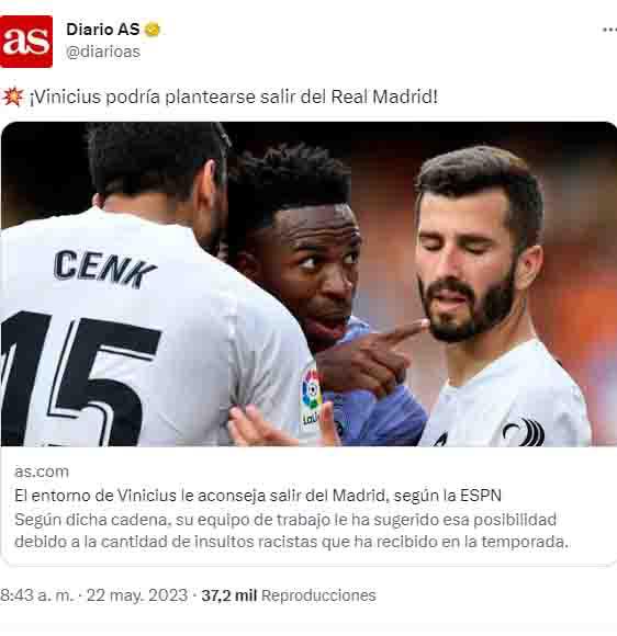 ”Vinicius podría plantearse salir del Real Madrid”, informa diario AS de España respecto al futuro del brasileño.