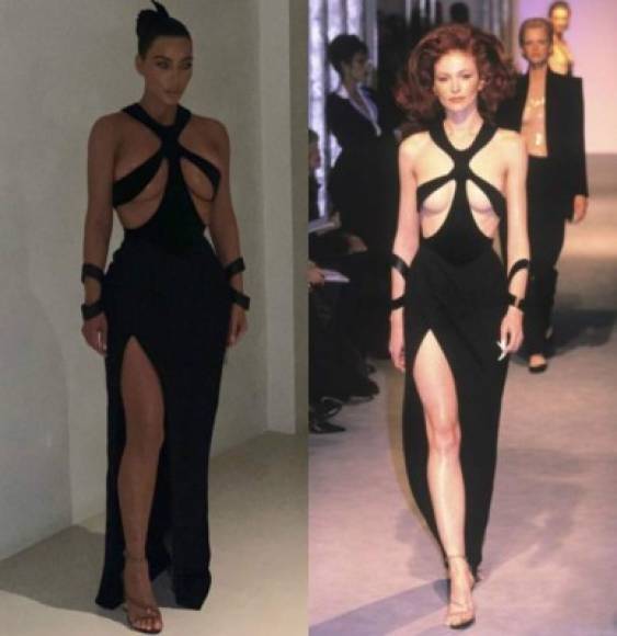 Para evitar mayores escándalos con un error de vestuario, la Kardashian ajusto la tiras de terciopelo al máximo, muy diferente a como se miraba sobre la pasarela hace unas décadas.