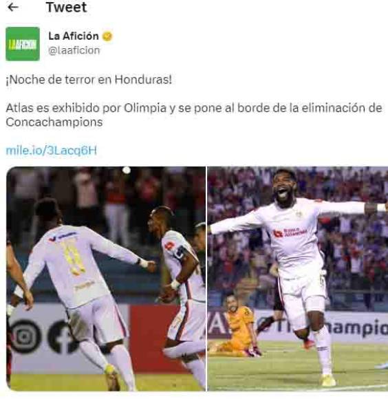 La AFICIÓN: “Noche de terror en Honduras. Atlas es exhibido por Olimpia y se pone al borde de la eliminación de Concachampions”.