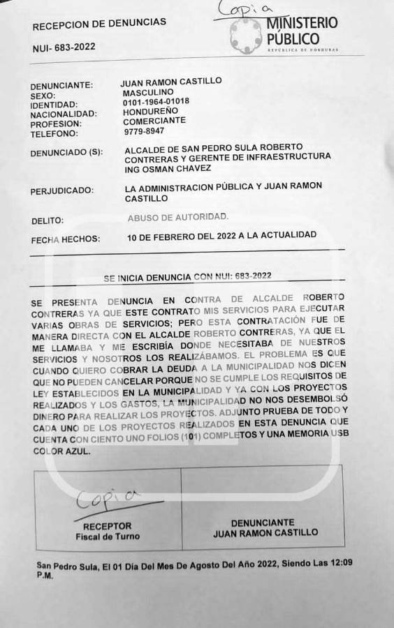 Denuncia interpuesta en el Ministerio Público.