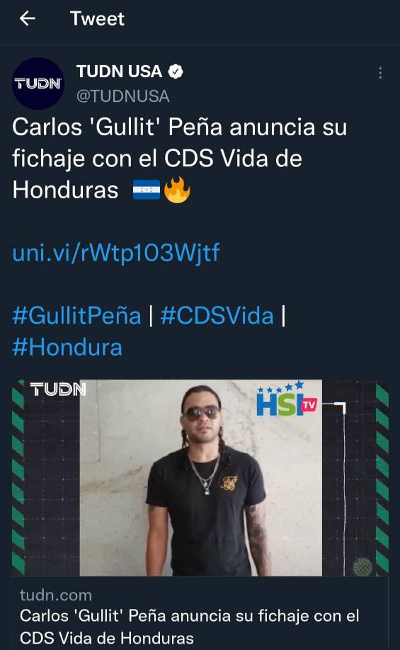 El fichaje del “Gullit” Peña por el Vida ha trascendido fronteras y en TUDN USA dieron la noticia sobre la llegada del mexicano al cuadro cocotero.