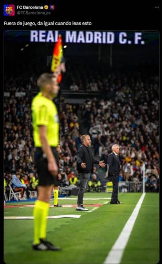 “Fuera de juego, da igual cuando leas esto”, la burla del Barcelona a Mbappé, quien cayó en posición adelantada en reiteradas ocasiones.