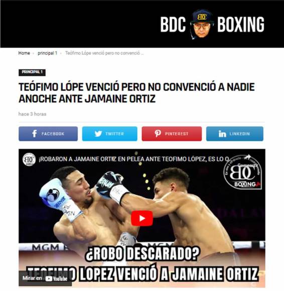 La página Boxeo de Colombia criticó el triunfo del hondureño: “Teófimo López venció pero no convenció a nadie anoche ante Jamaine Ortiz”.