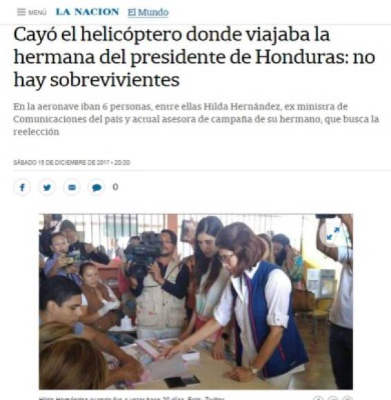 La Nación de Argentina: 'Cayó el helicóptero donde viajaba la hermana del presidente de Honduras: no hay sobrevivientes'. 'En la aeronave iban 6 personas, entre ellas Hilda Hernández, ex ministra de Comunicaciones del país y actual asesora de campaña de su hermano, que busca la reelección'.