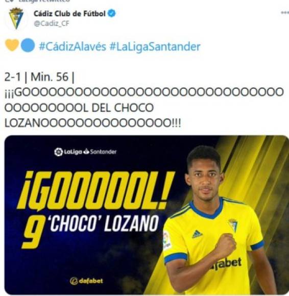 Así posteó en sus redes sociales el Cádiz el golazo del hondureño.