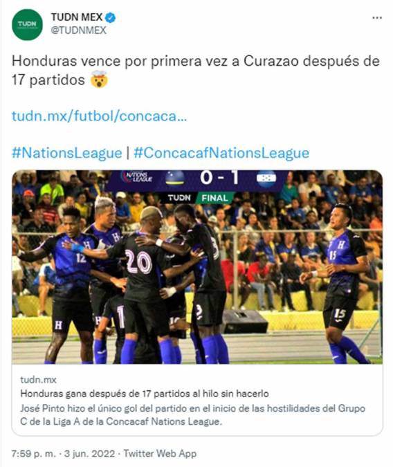 TUDN México - “Honduras vence por primera vez a Curazao después de 17 partidos”.