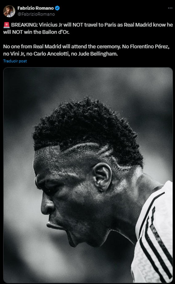 Fabrizio Romano adelantó que: “A la ceremonia no acudirá ningún representante del Real Madrid. Ni Florentino Pérez, ni Vini Jr, ni Carlo Ancelotti, ni Jude Bellingham”